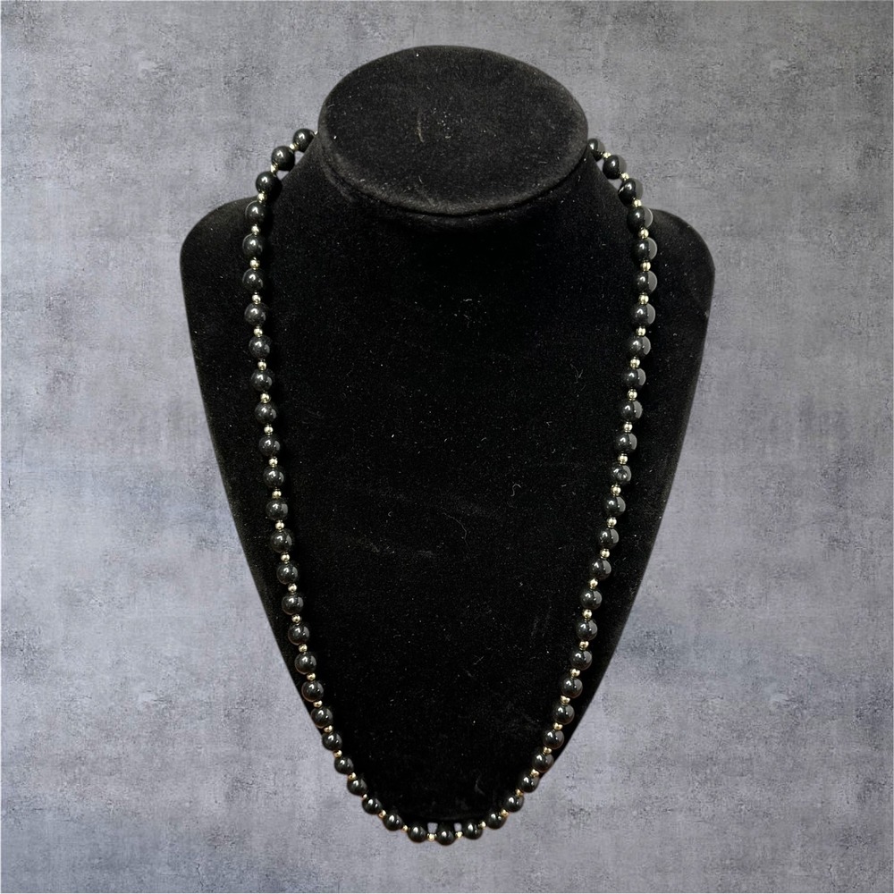 Vintage 24" Black Beaded Necklace Silver Spacers Classic Strand